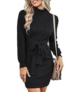 BebreezChic Strickkleider Damen Rollkragen Casual Langarm Minikleid Pulloverkleider Einfarbig Elegant Casual mit Gürtel, Black S von BebreezChic