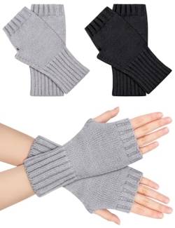 Becellen 2 Paar Fingerlos Handschuhe Damen, Winter Warme Pulswärmer Stricken Halb Fingerlose Handstulpen für Frauen Mädchen (Schwarz/Grau) von Becellen