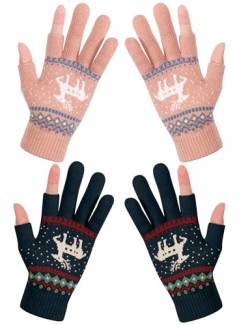 Becellen 2 Paar Fingerlose Handschuhe, Warme Winterhandschuhe ohne 2 Finger Fleecefutter Elch Strickhandshuhe für Damen und Herren (Rosa, Blau) von Becellen