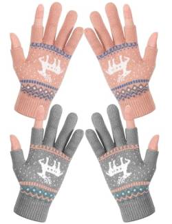 Becellen 2 Paar Fingerlose Handschuhe, Warme Winterhandschuhe ohne 2 Finger Fleecefutter Elch Strickhandshuhe für Damen und Herren (Rosa, Grau) von Becellen
