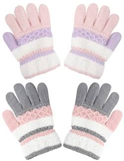 Becellen 2 Paar Handschuhe Kinder Winter, Vollfinger Warme Strickhandschuhe Thermo Bunte Stricken Fingerhandschuhe für Mädchen 4-10 Jahre Alt von Becellen