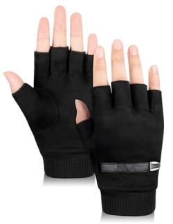 Becellen Fingerlose Wildleder Handschuhe, Thermo Schwarz Halb Handschuhe Touchscreen Winterhandschuhe für Herren Damen von Becellen