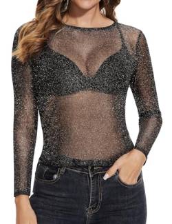 Becellen Mesh Oberteil Damen, Transparentes Glitzer Netzoberteil Schwarz Durchsichtiges Langarmshirt Damen für Club Party von Becellen