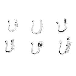 Gefälschtes Nasenring-Set, größenverstellbar, 6 Stück, gefälschter Nasenring zum Anklemmen für Frauen für Partys(Silber) von Bediffer