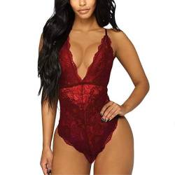 Beehsinho Damen Sexy Body Dessous Babydoll Spitze Bodysuit Reizwäsche V-Ausschnitt Negligee Lingerie Teddy Unterwäsche (Dunkelrot, XL) von Beehsinho