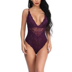 Beehsinho Damen Sexy Body Dessous Babydoll Spitze Bodysuit Reizwäsche V-Ausschnitt Negligee Lingerie Teddy Unterwäsche (Violett, S) von Beehsinho