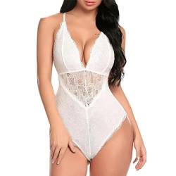 Beehsinho Damen Sexy Body Dessous Babydoll Spitze Bodysuit Reizwäsche V-Ausschnitt Negligee Lingerie Teddy Unterwäsche (Weiß, L) von Beehsinho