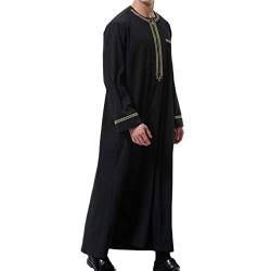 BeerMmay Herren Muslim Druck Kaftan Islamisch Royalty Dubai Robe O-Ausschnitt Lange Ärmel Retro Tuniken Abaya Lose Kandoura,Schwarz,L von BeerMmay