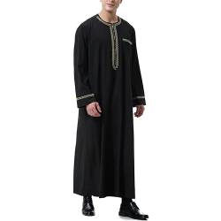BeerMmay Herren Muslim Druck Kaftan Islamisch Royalty Dubai Robe O-Ausschnitt Lange Ärmel Retro Tuniken Abaya Lose Kandoura,Schwarz,M von BeerMmay