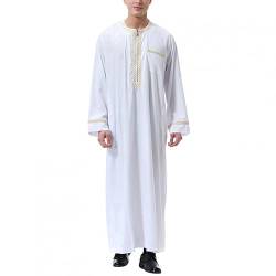 BeerMmay Herren Muslim Druck Kaftan Islamisch Royalty Dubai Robe O-Ausschnitt Lange Ärmel Retro Tuniken Abaya Lose Kandoura,Weiß,L von BeerMmay