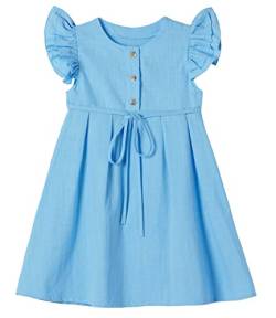 Beganly Kleines Mädchen Flatterärmel Baumwolle-Leinen Kleid Kleinkind Kinder Doppelte Rüschen Freizeitkleider Blau 90 (Blue) von Beganly