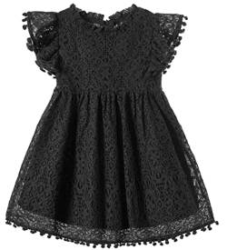 Beganly Mädchen Elegante Prinzessin Spitzenkleid Kleinkind Vintage Pom Pom Flatterärmel Party Kleider Schwarz 120 (Black) von Beganly
