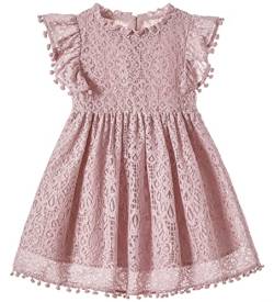 Beganly Mädchen Elegante Prinzessin Spitzenkleid Kleinkind Vintage Pom Pom Flatterärmel Party Kleider Staubiges Rosa 90 (Dusty Pink) von Beganly