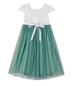 Beganly Mädchen Lange Festtagskleider Anmutig Lieblich V-Rücken Spitze Maxi Tüll A-Linie Prinzessin Partykleid Blumenmädchen Kleid Salbei Grün 150 (Sage Green) von Beganly