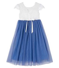 Beganly Mädchen Lange Festtagskleider Anmutig Lieblich V-Rücken Spitze Maxi Tüll A-Linie Prinzessin Partykleid Blumenmädchen Kleid Staubig Blau 100 (Dusty Blue) von Beganly