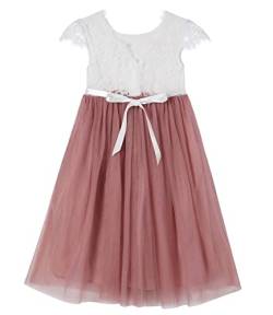 Beganly Mädchen Lange Festtagskleider Anmutig Lieblich V-Rücken Spitze Maxi Tüll A-Linie Prinzessin Partykleid Blumenmädchen Kleid Staubige Rose 100 (Dusty Rose) von Beganly