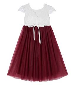 Beganly Mädchen Lange Festtagskleider Anmutig Lieblich V-Rücken Spitze Maxi Tüll A-Linie Prinzessin Partykleid Blumenmädchen Kleid Wein Rot 110 (Wine Red) von Beganly