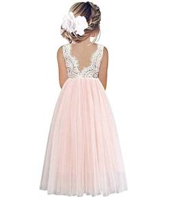 Beganly Mädchen Lange Festtagskleider Lieblich ärmellos V-Rücken Kleid Spitze Maxi Tüll A-Linie Prinzessin Partykleid Blumenmädchen Kleider Rosa 4 Jahre (Pink 110) von Beganly