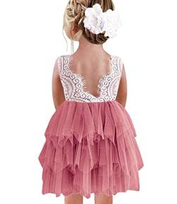 Beganly Mädchen Spitze V-Rücken Kleid ärmellos Flauschig Mehrschichtige Tüll Festtagskleider Party Blumenmädchen Kleider Staubige Rose 6 Jahre (Dusty Pink 130) von Beganly