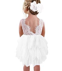 Beganly Mädchen Spitze V-Rücken Kleid ärmellos Flauschig Mehrschichtige Tüll Festtagskleider Party Blumenmädchen Kleider Weiß 3 Jahre (White 100) von Beganly