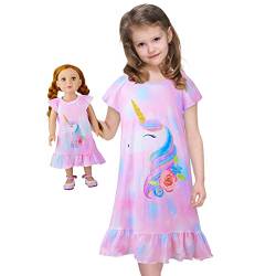 Beinou Nachthemd Mädchen Schlafanzug Kurzarm Kleider Einhorn Nachtwäsche Puppe und Mädchen Passendes Nachthemden von Beinou