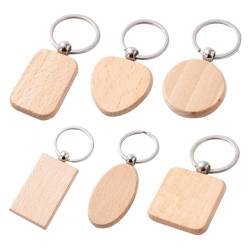 Bekecidi 24 Stück Holz-Schlüsselanhänger: rund, quadratisch, oval, Gravur, rechteckige Holz-Schlüsselanhänger, Rohlinge, Holz-Schlüsselanhänger (6 Formen) von Bekecidi