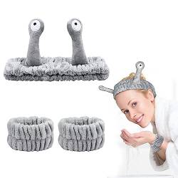 Bekecidi 3 Stück Spa Stirnband Handgelenk Waschbänder Set, Schnecke Flauschiges Make up Haarband Armband für Gesicht Waschen Skincare Elastisch Handgelenk Kosmetik Stirnband für Frauen Mädchen (Grau) von Bekecidi