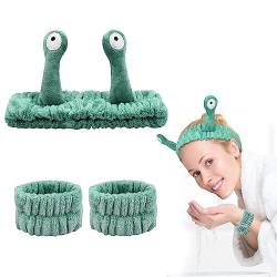 Bekecidi 3 Stück Spa Stirnband Handgelenk Waschbänder Set, Schnecke Flauschiges Make up Haarband Armband für Gesicht Waschen Skincare Elastisch Handgelenk Kosmetik Stirnband für Frauen Mädchen (Grün) von Bekecidi