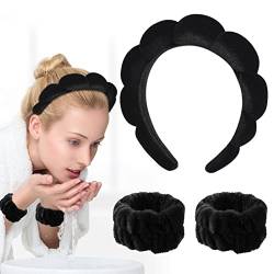 Bekecidi 3 Stück Spa Stirnband Handgelenk Waschband Set Make-up-Stirnband Armband für Gesichtswäsche Hautpflege Mikrofaser Handgelenk Handtuchband Haarbänder Haarzubehör für Frauen Mädchen (Schwarz) von Bekecidi