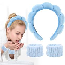 Bekecidi 3 Stück Spa Stirnband Handgelenk Waschband Set Make-up-Stirnband und Armband für Gesichtswäsche Hautpflege Mikrofaser Handgelenk Handtuchband Haarbänder Haarzubehör für Frauen Mädchen (Blau) von Bekecidi