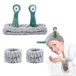 Bekecidi 3 Stück Spa Stirnband und Armband-Set, Make up Stirnband und Handgelenkbänder zum Waschen des Gesichts Hautpflege Schnecken-Stirnband Handgelenk Waschbänder für Frauen Mädchen (Grau) von Bekecidi