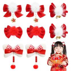 Bekecidi 4 Paar Haarspangen für Mädchen, chinesischer Stil, rote und weiße Haarschleifen, pelzige Bälle, Haarspangen, Clip, Pom Pom, Haarnadeln, Schule, Haarschmuck für Kinder, Kleinkinder, von Bekecidi