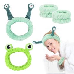 Bekecidi 4 Stück Gesichtswasch Stirnband und Armband, Frosch Schnecke Make-up Stirnband und Armband zum Waschen von Gesicht, Hautpflege, Spa, Tier Haarbänder Elastisches Stirnband für Frauen Mädchen von Bekecidi