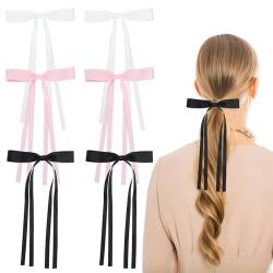 Bekecidi 6 Stück Haarspangen mit Schleife, Quastenband Haarschleifen, Band Haarspangen Clips mit langem Schwanz, Schleife Haarschmuck für Mädchen, Frauen, Kleinkinder (Schwarz, Rosa, Weiß) von Bekecidi