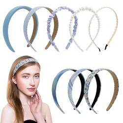 Bekecidi 8 Teiliges Stirnbänder Set, Modischer Stil Blumen Haarreifen, Perlen Kopfband Kariertes Stirnband, Outdoor Haarschmuck für Frauen und Mädchen (blau) von Bekecidi