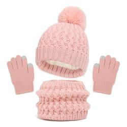 Bekecidi Kinder Winter Warme Mütze Schal Handschuhe Set, Thermo Strickmütze Schal Handschuhe Set, Dickes Kleinkind Pom Pom Bommel Touchscreen Handschuhe Set für Mädchen Jungen Kinder 2-8 Jahre (Rosa) von Bekecidi