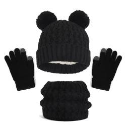 Bekecidi Kinder Winter warme Mütze Schal Handschuhe Set, Thermal gestrickt Pom Pom Bommelmütze Schal und Handschuhe Set Touchscreen Handschuhe für Mädchen Jungen Kleinkind 2-8 Jahre (Schwarz) von Bekecidi