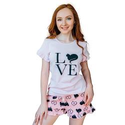 Belffy Damen-Pyjama mit rosa Katzenmuster – Sommer-Pyjama-Set aus 100% Baumwolle – süße 2-teilige Kurzarm-Nachtwäsche für Frauen (S, Rosa). von Belffy