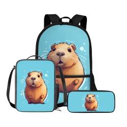 Belidome 3-in-1-Rucksack für Damen, Herren, Jungen, Mädchen, Schule, Büchertasche mit Lunchtasche, Federmäppchen, Schulbüchertaschen-Set, Capybara, Einheitsgröße, Schulranzen-Set von Belidome