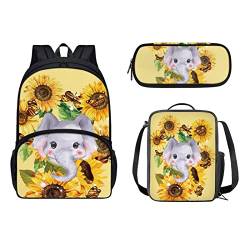 Belidome 3-teiliges Kinder-Rucksack-Set, isolierte Lunch-Tasche, Federmäppchen, groß, langlebig, Sonnenblume Elefant, Einheitsgröße, Kinderrucksack von Belidome