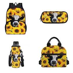 Belidome 4-teiliges Rucksack-Set für 43,2 cm (17 Zoll) Laptop-Rucksack, Camping-Rucksack für Jungen und Mädchen, Kuh-Sonnenblumen, Einheitsgröße, Kinderrucksack von Belidome
