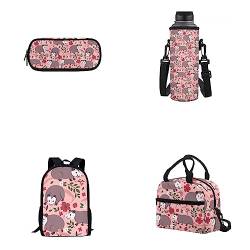Belidome 4 x Rucksack für 43,2 cm (17 Zoll) Laptop-Lunch-Tasche, Stifttasche, Wasserflaschen-, Nette Opossums Blumen und Beeren, Einheitsgröße, Kinderrucksack von Belidome