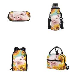 Belidome 4 x Rucksack für 43,2 cm (17 Zoll) Laptop-Lunch-Tasche, Stifttasche, Wasserflaschen-, Schwein Sonnenblumen, Einheitsgröße, Kinderrucksack von Belidome