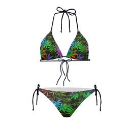 Belidome Bikini Triangel Sets für Frauen 2 Stück Badeanzug Neckholder String Bademode Badeanzug, Bunte Palmenblätter, M von Belidome
