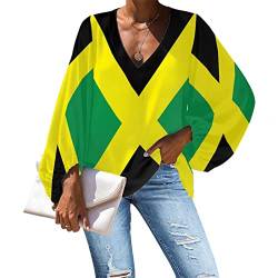 Belidome Damen Chiffon-Bluse Langarm V-Ausschnitt Freizeithemd Größe S - 4XL, Jamaika-Flagge, XXXXL von Belidome