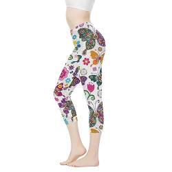 Belidome Damen-Yoga-Leggings, Caprihose, hohe Taille, Bauchkontrolle, Stretch-Hose, Bunte Schmetterling Blume, XXX-Large von Belidome