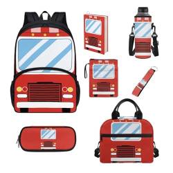 Belidome Rucksack-Set für Jungen und Mädchen, 7-teilig, Schultasche und Lunchtasche für Grundschule, große Kapazität, Feuerwehrauto, Einheitsgröße, Schulranzen-Set von Belidome