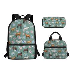 Belidome Rucksack-Set für Mittelschule, Mädchen, Jungen, 3-in-1, Büchertasche und Lunchtasche, Federmäppchen, Tagesrucksack, Rucksack, Blumenpferd, Einheitsgröße, Schulranzen-Set von Belidome