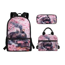 Belidome Rucksack-Set für Mittelschule, Mädchen, Jungen, 3-in-1 Büchertasche und Lunchtasche, Federmäppchen, Tagesrucksack, Rucksack, Kirschblüten-Zug, Einheitsgröße, Schulranzen-Set von Belidome