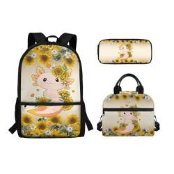 Belidome Rucksack-Set für Mittelschule, Mädchen, Jungen, 3-in-1 Büchertasche und Lunchtasche, Federmäppchen, Tagesrucksack, Rucksack, Sonnenblume Axolotl, Einheitsgröße, Schulranzen-Set von Belidome